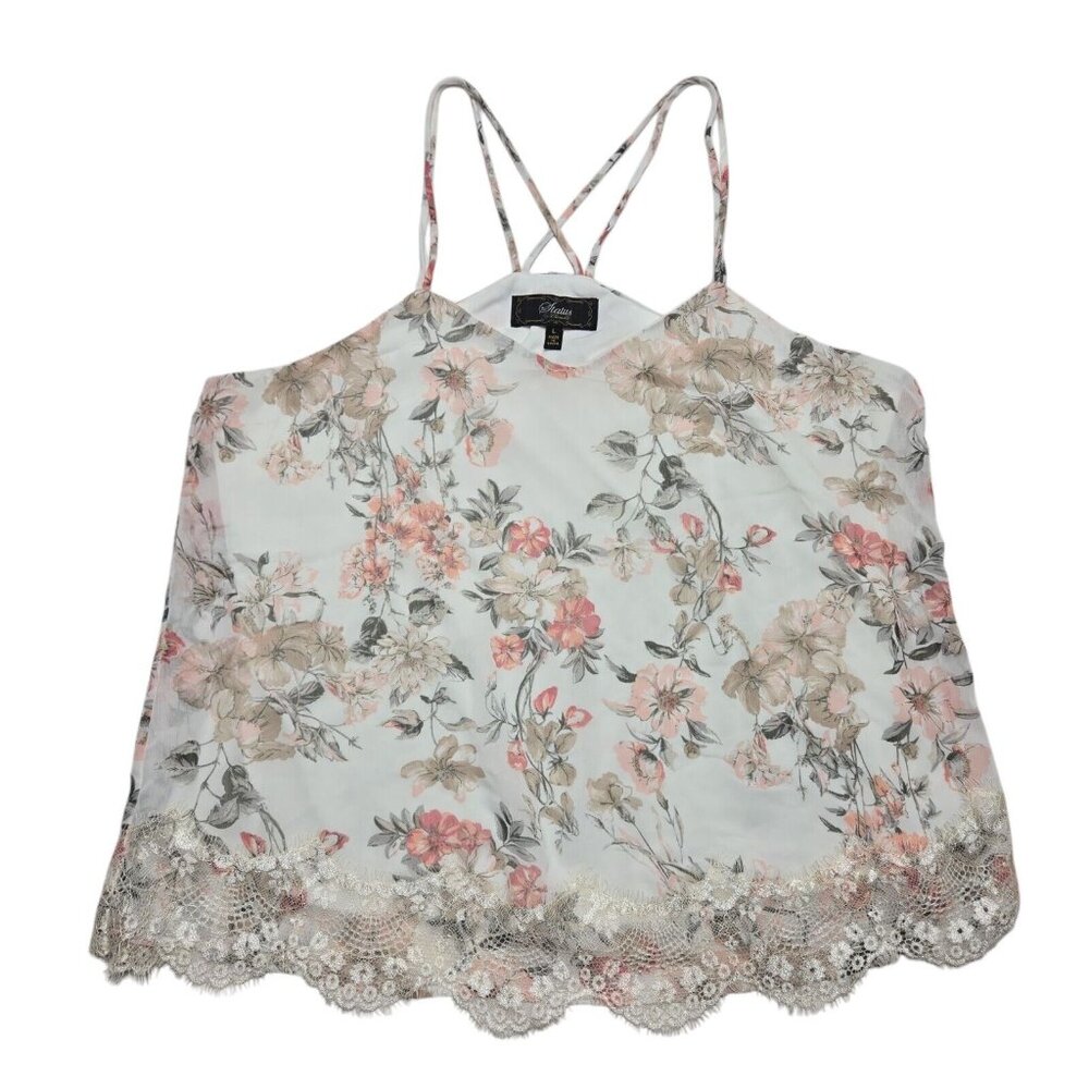 Status by Chenault Tank Top Womens Large‎ White Floral Sleeveless V Neck Lined